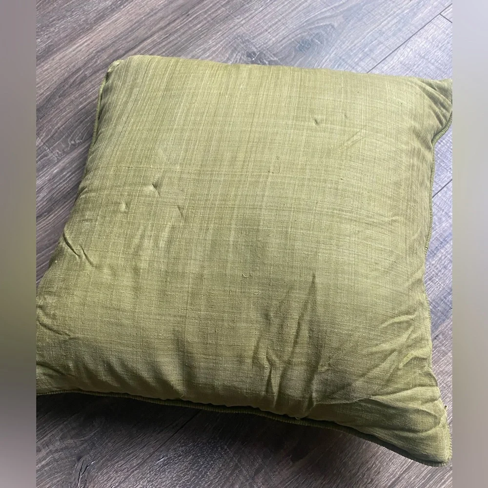 Crate & Barrel pillow cover in olive green and 16 inch pillow (feather filled)